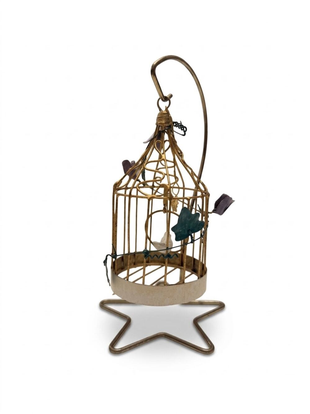 Vintage Miniature Brass Wire Birdcage Display Stand with White Bird & Floral